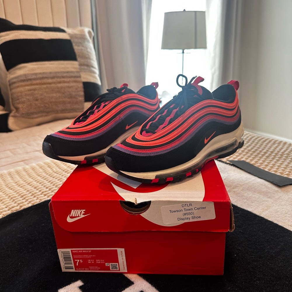 Nike Air Max 97, Black/ Bright Mango Siren, Mens: 7.5